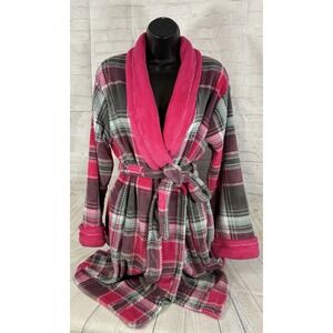 Ulta Beauty Women Robe L/XL Pink Gray Plaid Plush Belted Pocket Bathrobe Cabin